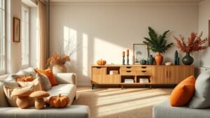 Salon automnal aux accents terracotta avec céramiques mates, verre ambré et bois clair sous lumière naturelle
