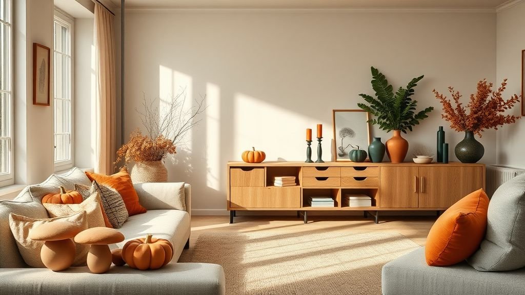 Salon automnal aux accents terracotta avec céramiques mates, verre ambré et bois clair sous lumière naturelle