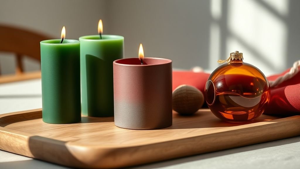 Composition de table avec bougies bordeaux et vert forêt, céramique mate et verre ambré sur plateau en bois