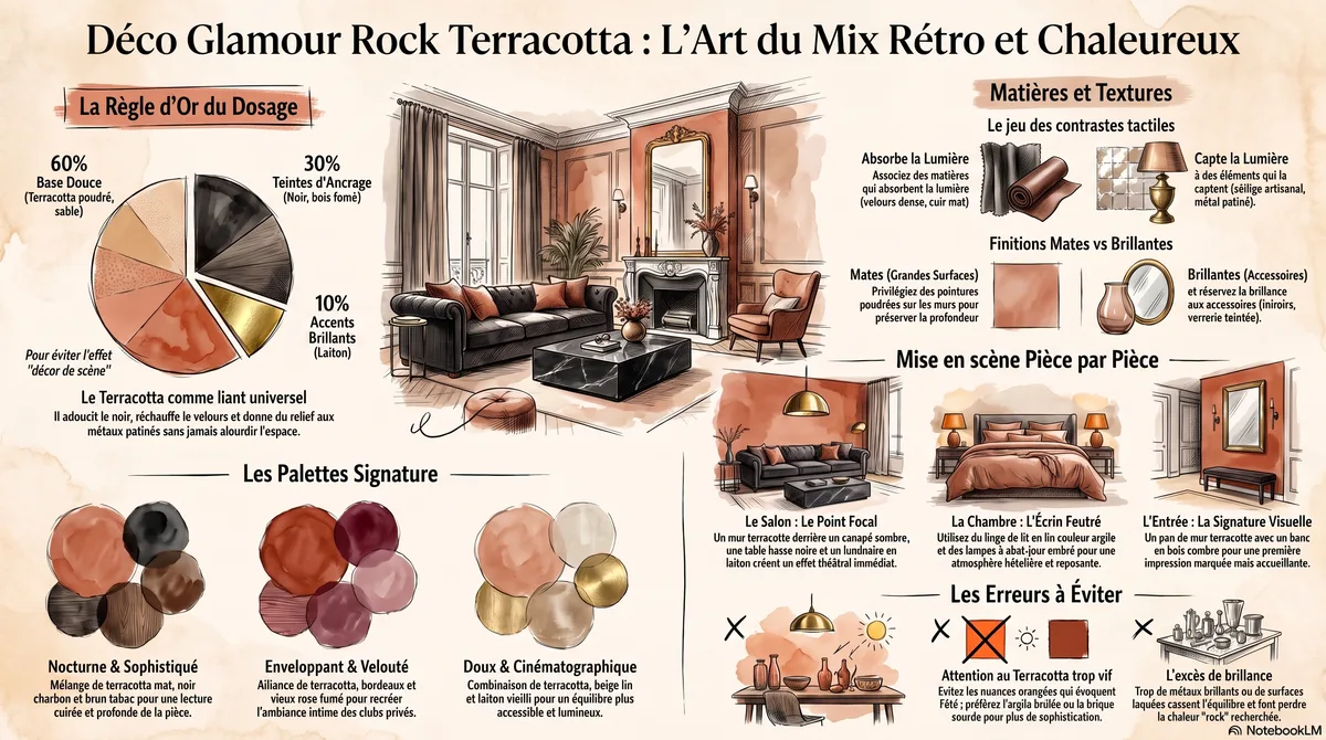 Infographie Déco glamour rock terracotta : mixer rétro et chaleur