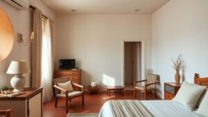 Chambre d’hôtel vintage avec accents terracotta, murs texturés blancs et mobilier en bois brut