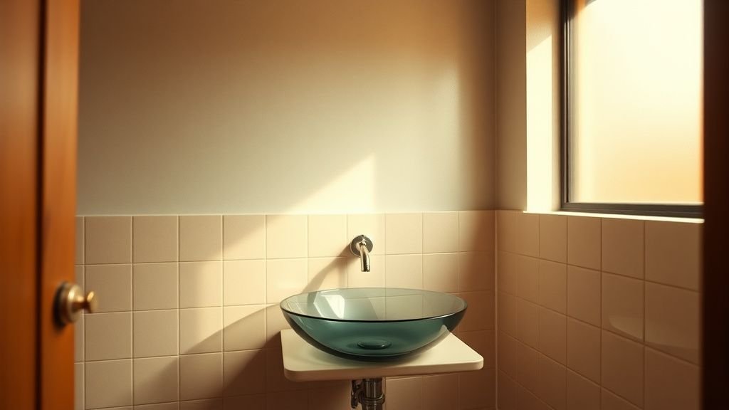 Salle de bains rétro en terracotta monochrome avec vasque en verre et robinetterie brossée