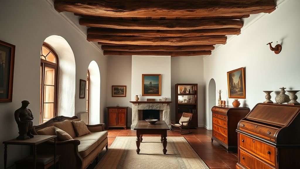 Intérieur d’une maison ancienne avec poutres, lin, laiton patiné et accents terracotta chaleureux