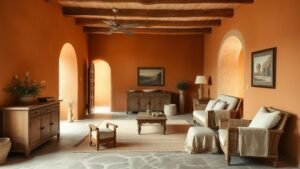 Intérieur d’une maison ancienne terracotta avec pierre brute, chaux et meubles en bois patiné