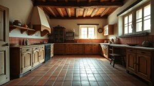 Intérieur de maison ancienne avec sol en terracotta, poutres apparentes et lumière douce