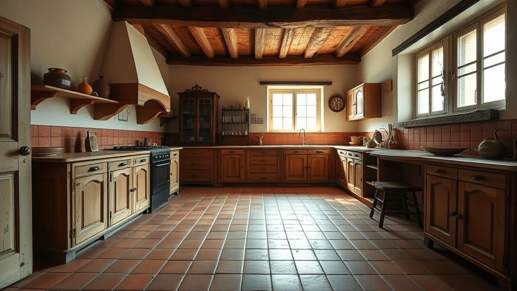 Intérieur de maison ancienne avec sol en terracotta, poutres apparentes et lumière douce
