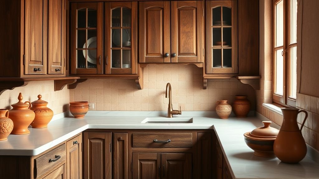 Cuisine rustique avec bois ancien, zellige clair, laiton et objets en terre cuite