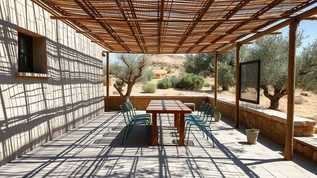 Terrasse ombragée d’une maison ancienne avec pergola en roseau, table en bois et ombres d’olivier