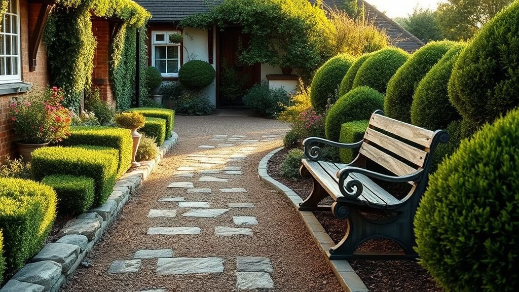 Chemin de jardin anglais bordé de haies et de briques près d’une maison ancienne