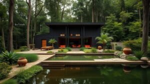Maison en bois contemporaine avec accents terracotta, terrasse minérale et bassin naturel au bord d’une forêt