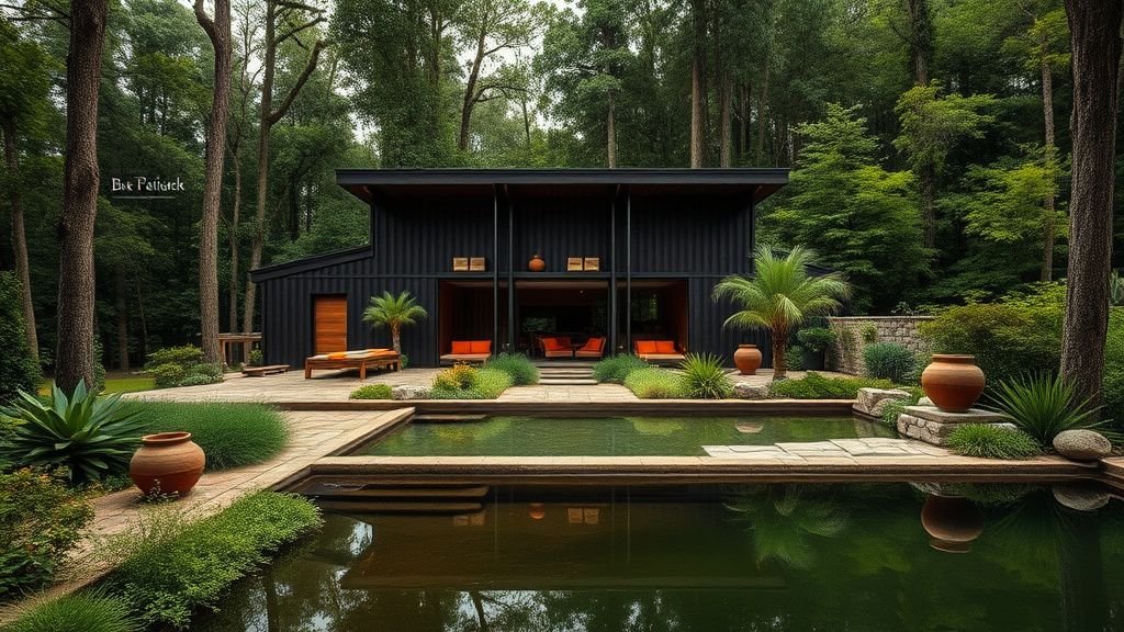 Maison en bois contemporaine avec accents terracotta, terrasse minérale et bassin naturel au bord d’une forêt