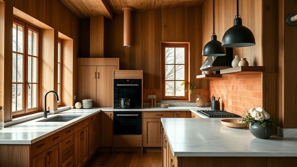 Cuisine en bois et terracotta avec marbre clair, lumière naturelle et matières brutes dans un intérieur contemporain
