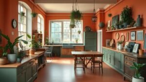 Intérieur de maison jungle avec murs terracotta, plantes suspendues et mobilier ancien sous lumière naturelle