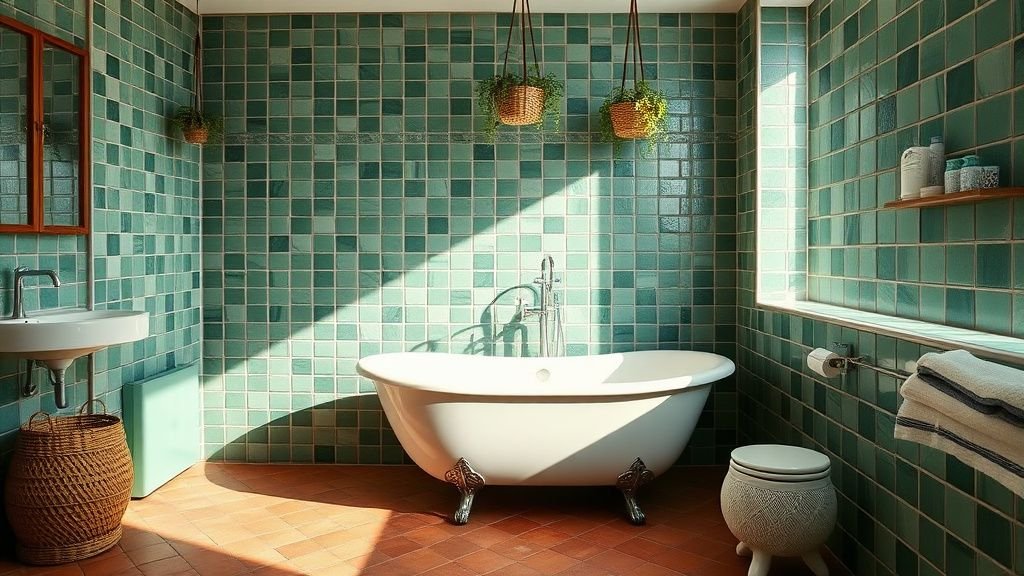 Salle de bain avec carreaux verts artisanaux, sol terracotta rosé, baignoire blanche et plantes suspendues