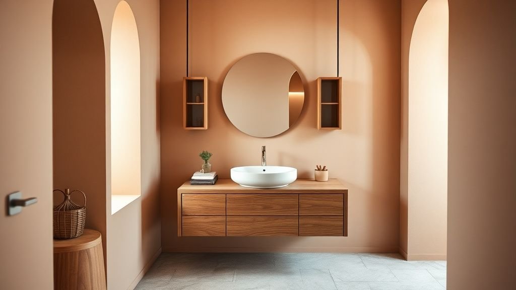 Salle de bains chaleureuse avec meuble vasque en bois, vasque blanche et murs terracotta doux