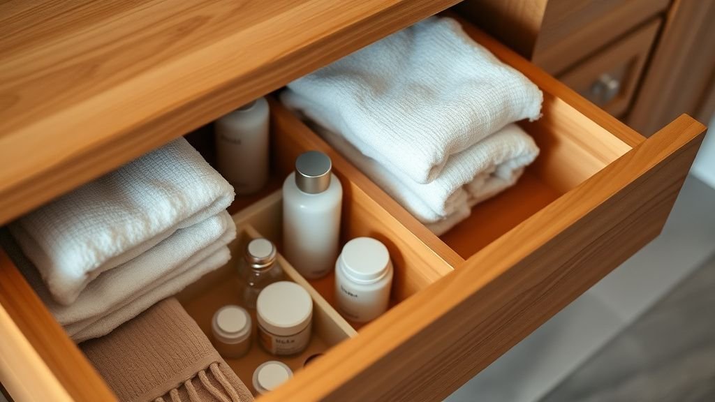 Tiroirs de meuble vasque ouverts avec rangement organisé et finitions bois chaudes