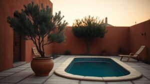 Mini piscine terracotta entourée d’olivier en pot, pierre claire et lumière douce au crépuscule