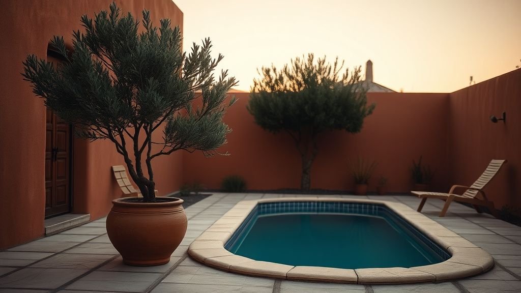 Mini piscine terracotta entourée d’olivier en pot, pierre claire et lumière douce au crépuscule