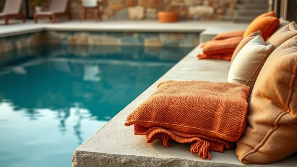 Banquette de piscine avec coussins terracotta et matières minérales au bord de l’eau