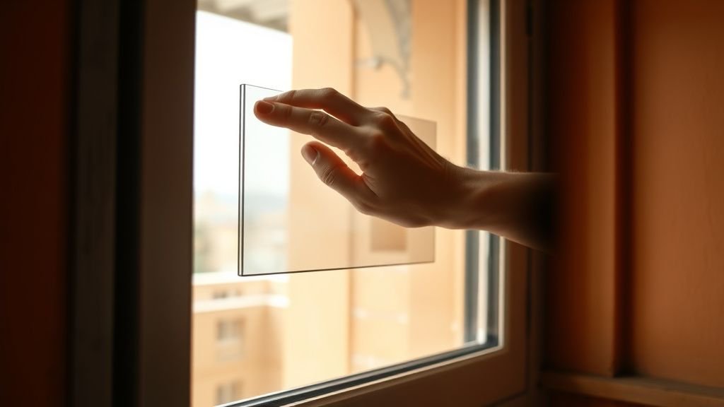 Main faisant coulisser une protection transparente sur une fenêtre dans un intérieur terracotta