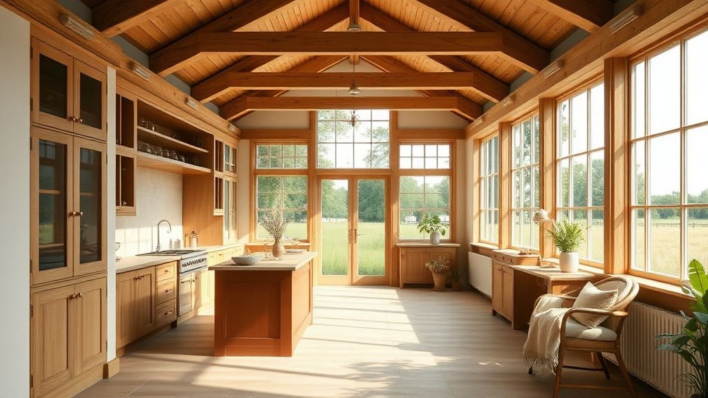 Orangerie lumineuse avec chêne, tadelakt et îlot en terracotta ouverte sur une prairie