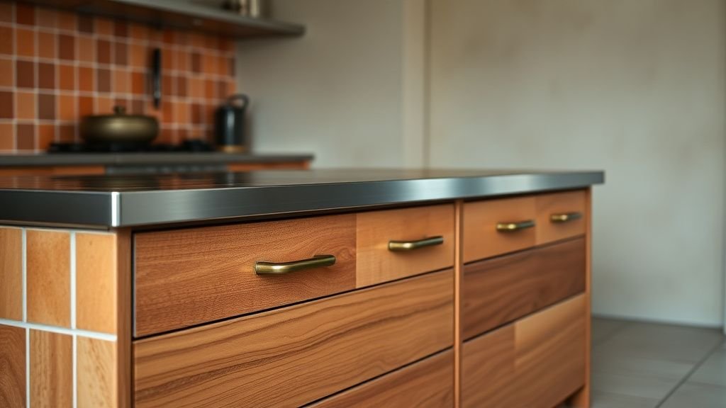 Îlot de cuisine en carreaux terracotta avec inox brossé, bois clair et mur en tadelakt