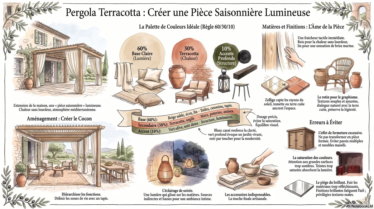 Infographie Pergola terracotta : créer une pièce saisonnière lumineuse