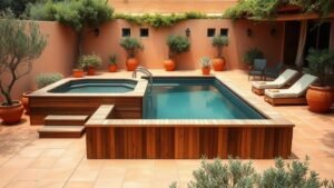 Piscine hors sol en bois intégrée à une terrasse terracotta avec végétation méditerranéenne