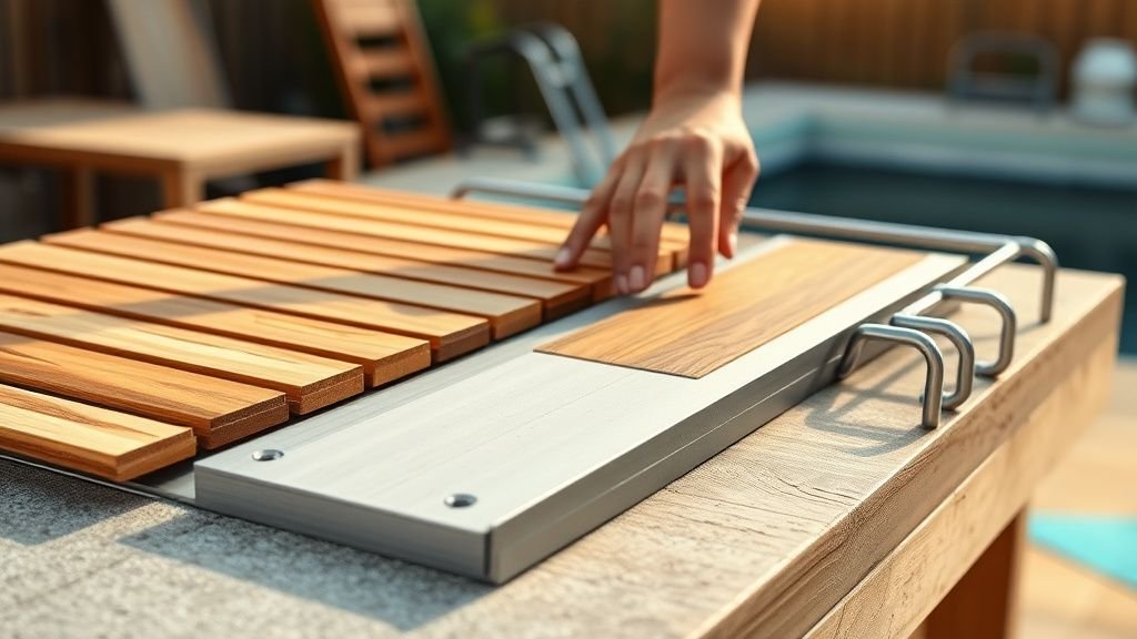 Comparatif de matériaux pour piscine hors sol avec échantillons de bois, composite, acier et tubulaire