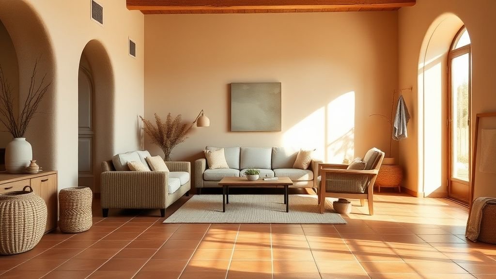 Salon lumineux avec sol terracotta, matières naturelles et lumière d’été douce