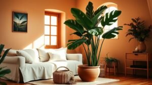 Salon terracotta lumineux avec grand monstera en pot en terre cuite près d’un canapé en lin