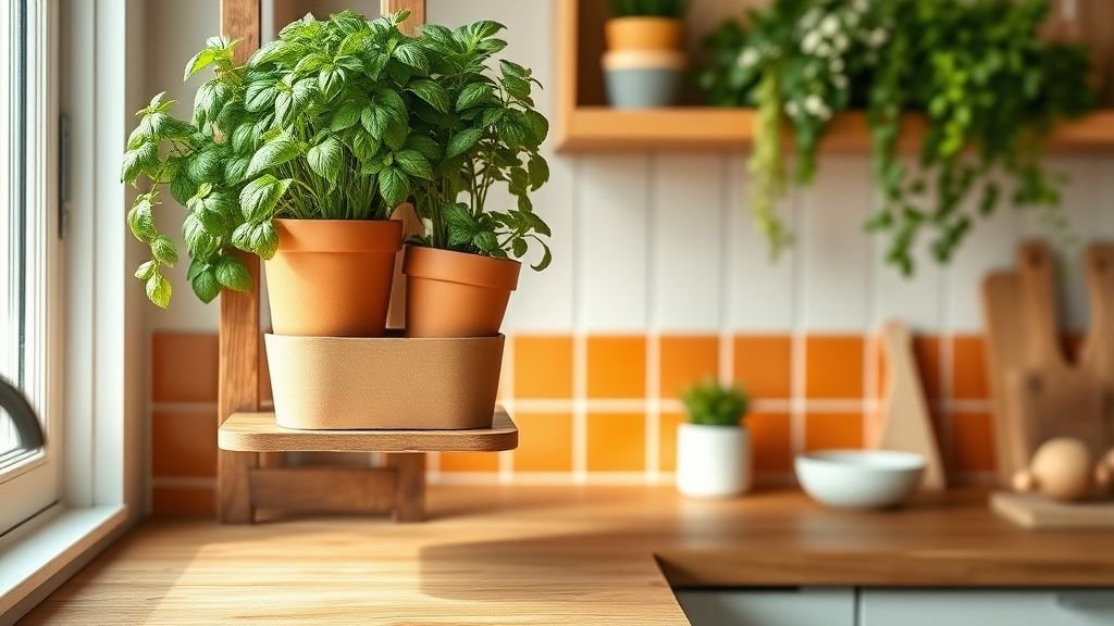 Coin cuisine terracotta avec herbes aromatiques en pots sur une étagère en bois sous lumière naturelle