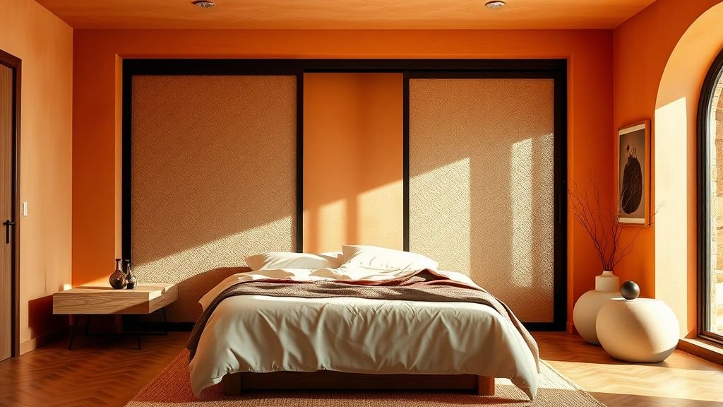 Intérieur chaleureux avec porte coulissante vitrée texturée et palette terracotta dans une chambre lumineuse