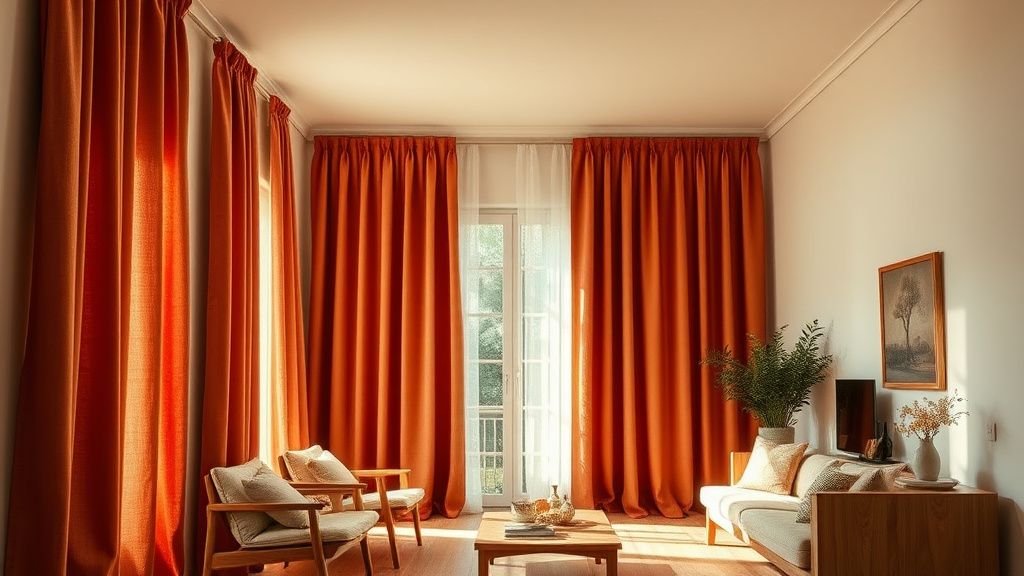 Rideaux terracotta en lin dans un salon lumineux aux murs crème et au mobilier en bois