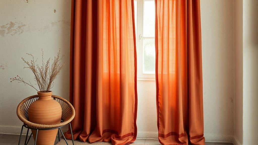 Détail de rideaux terracotta près d’un mur texturé avec chaise tressée et vase en céramique