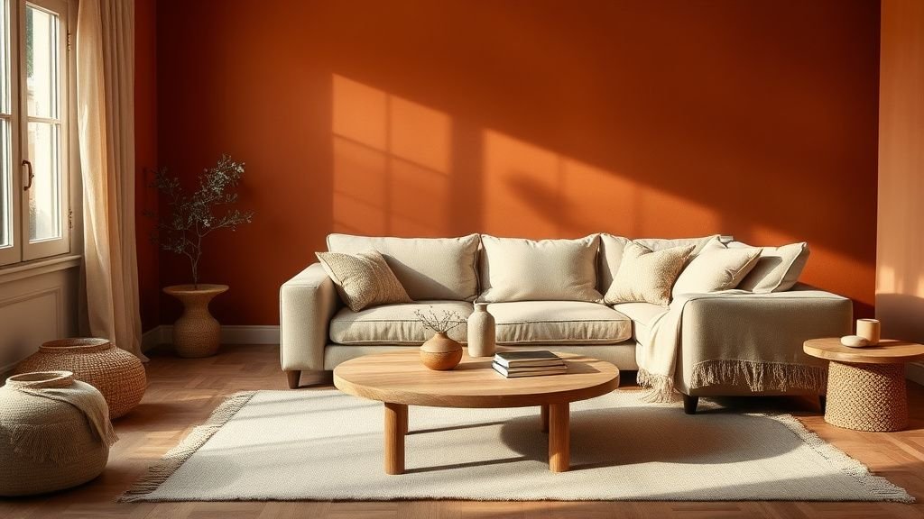 Salon terracotta chaleureux avec canapé en lin beige, table basse en bois et mur accent en terre cuite