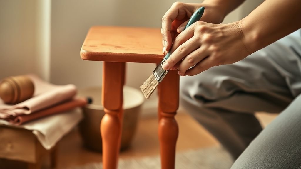 Mains repeignant le piètement d’une table basse en terracotta avec pinceau et échantillons de tissus