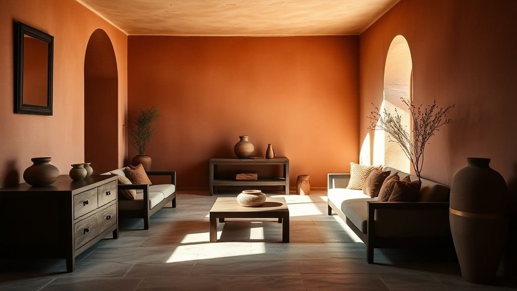 Intérieur méditerranéen minimaliste avec terracotta, chaux texturée, bois sombre et céramiques artisanales