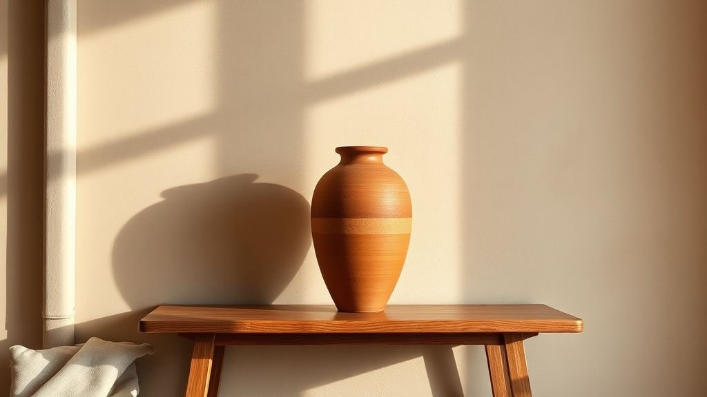 Vase en terracotta posé sur une console en bois avec mur à la chaux et linge en lin