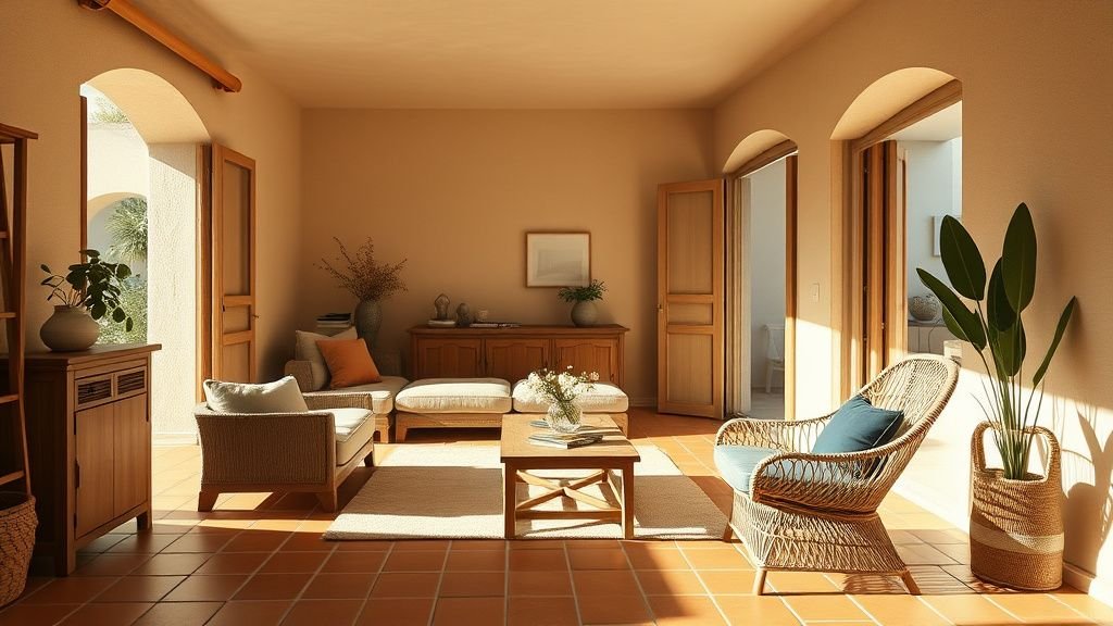 Salon méditerranéen avec terracotta, murs texturés beige et terrasse lumineuse ouverte sur l’extérieur
