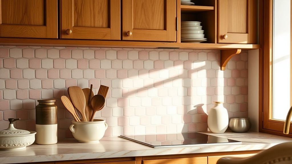 Cuisine méditerranéenne avec crédence en zellige, bois chaud et détails en laiton sous lumière naturelle