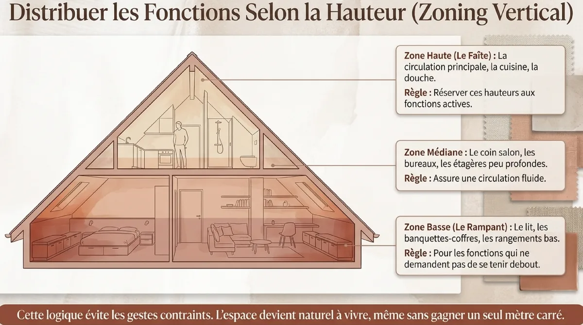 Infographie La cuisine et la salle d’eau : compactes, sobres, bien pensées