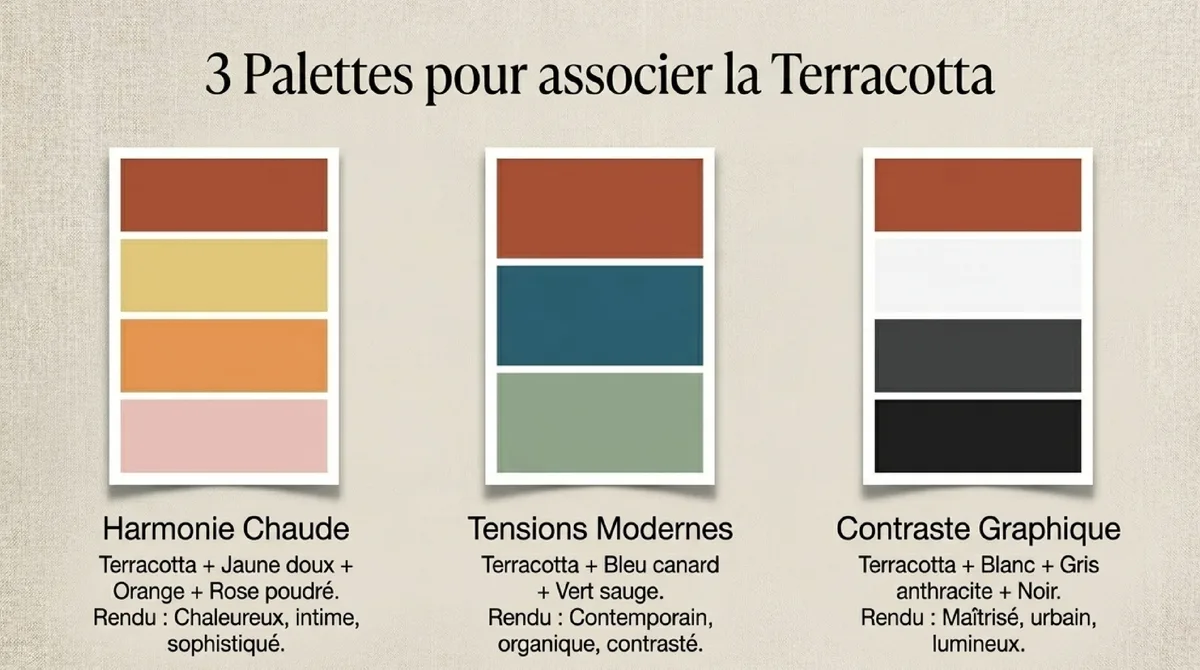 Infographie Intégration de la couleur terracotta pièce par pièce dans la maison
