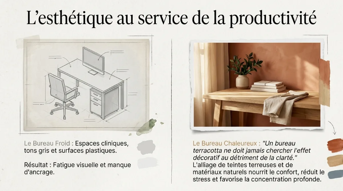 Infographie Aménagement bureau : mobilier terracotta, ergonomie et rangement pour un style élégant