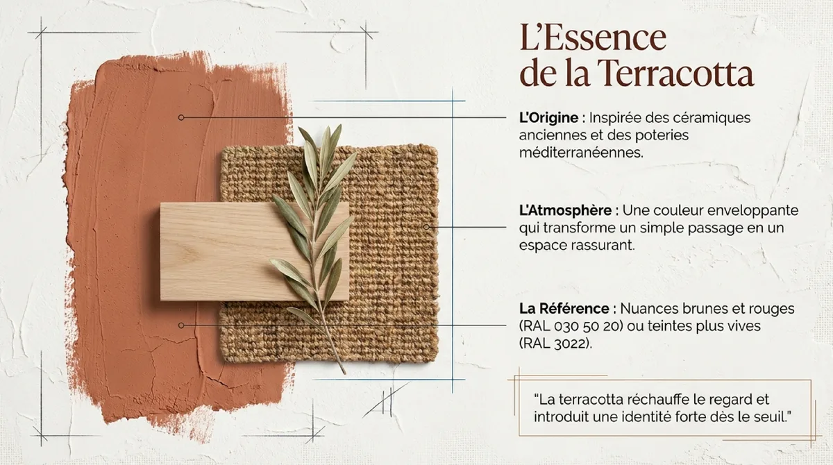 Infographie Aménager un couloir terracotta : choix des meubles en bois , textiles et tapis naturel