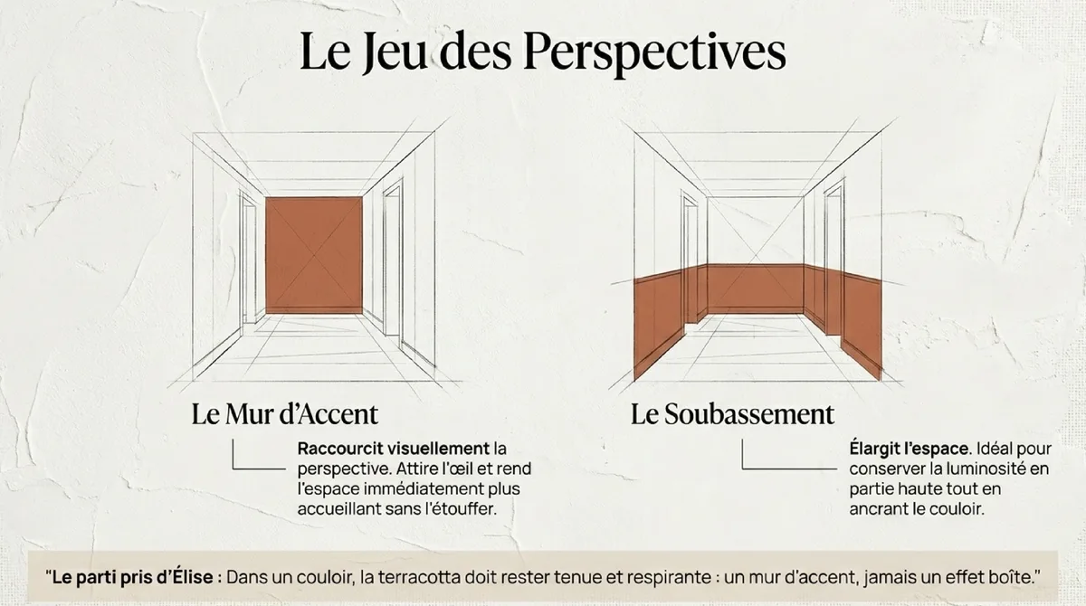 Infographie Associer couleurs chaudes et contrastes : bleu, vert, blanc pour sublimer un couloir terracotta