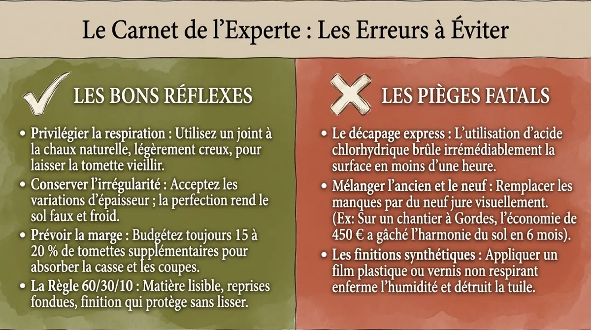 Infographie Trois règles à retenir pour restaurer une tomette ancienne