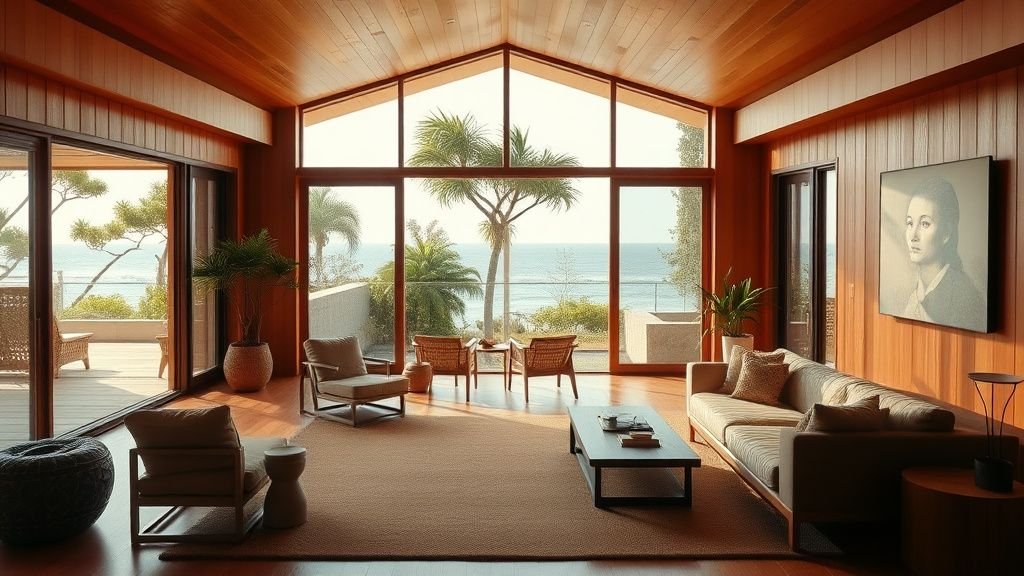 Intérieur moderniste des années 70 avec accents terracotta, bois chaud et lumière naturelle sur la côte