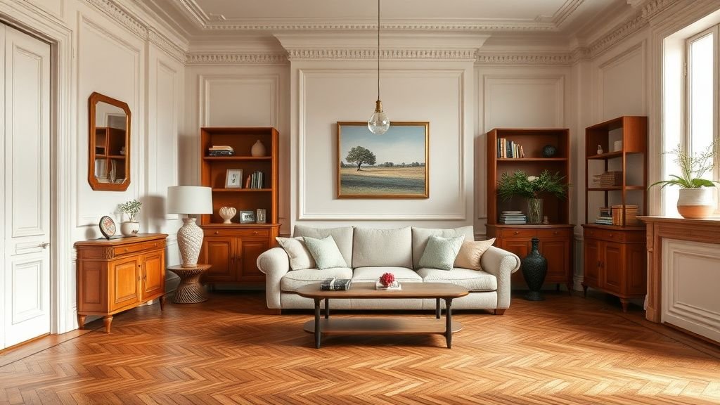 Salon haussmannien avec parquet ancien, moulures et accent terracotta chaleureux