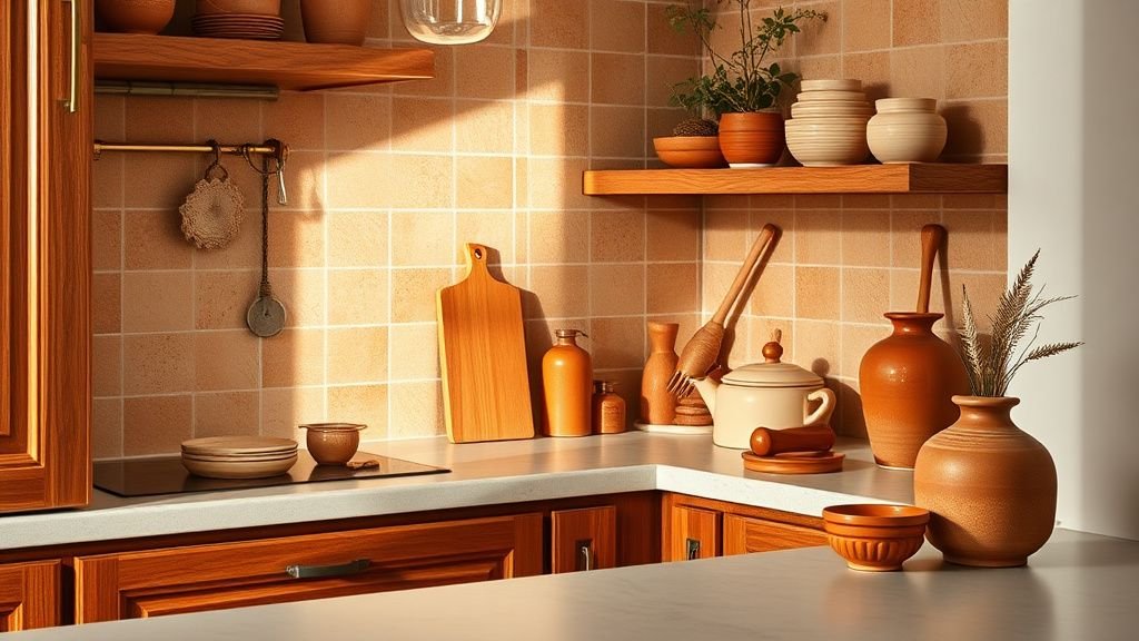 Coin cuisine avec crédence en zellige terracotta, bois chaud et matières minérales sous lumière douce
